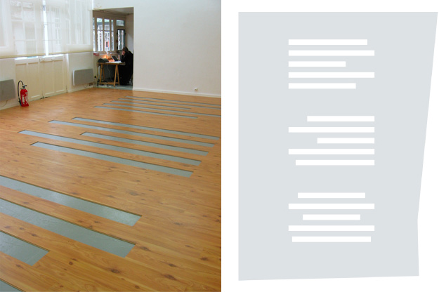 Non-align&eacute;s - 2006 - laminated flooring, skirting boards, doorway boards - 900 x 600 x 2 cm - exhibition &ldquo;lowest common denominator&rdquo; Immanence - Paris - curated by Karen Tanguy